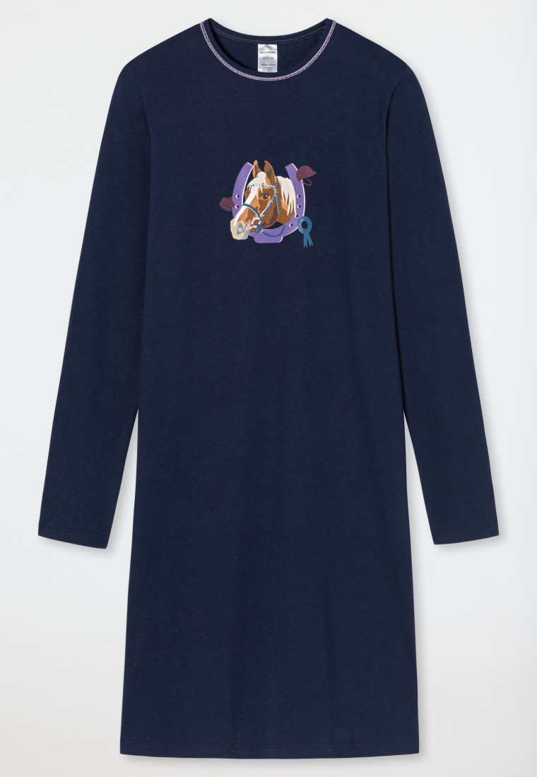 Nightgown long-sleeved organic cotton horse horseshoe dark blue - Horse World