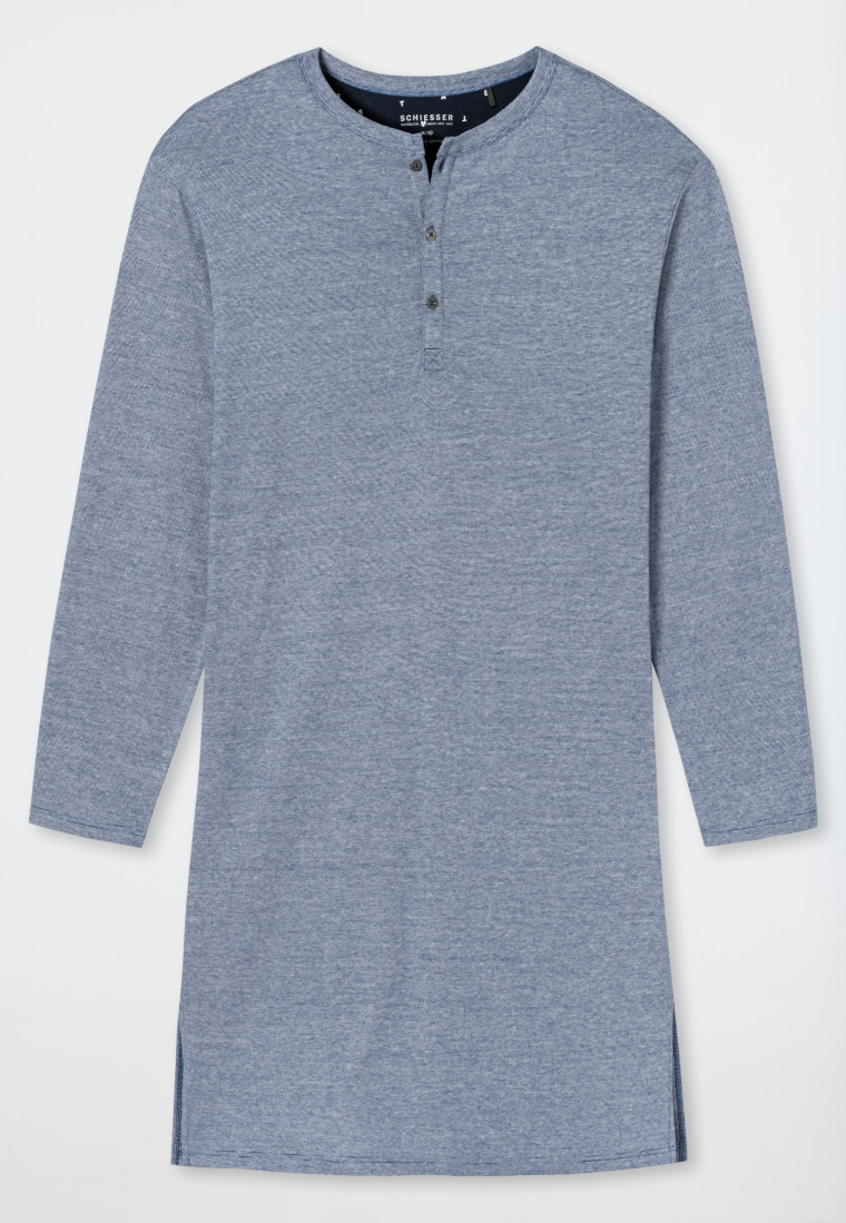Chemise de nuit manches longues coton bio col Serafino rayé bleu-blanc - Fashion Nightwear