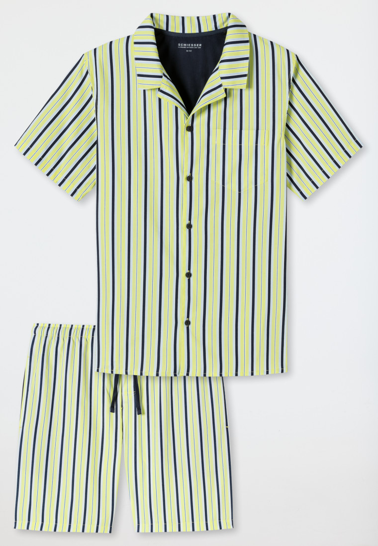 Pyjama kort geweven stof knoopsluiting gestreept geel/blauw - Pyjama Story