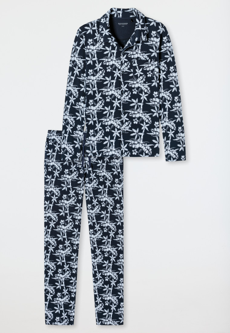 Pyjama lang fijn interlock knoopsluiting palmbomen donkerblauw/air - Pyjama Story