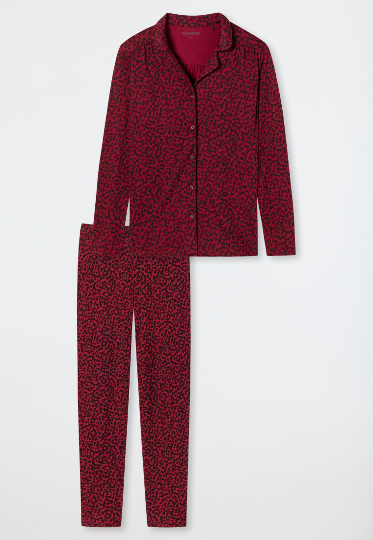 Pyjama long col revers en interlock patte de boutonnage imprimé fleuri bordeaux - Classic Comfort Fit