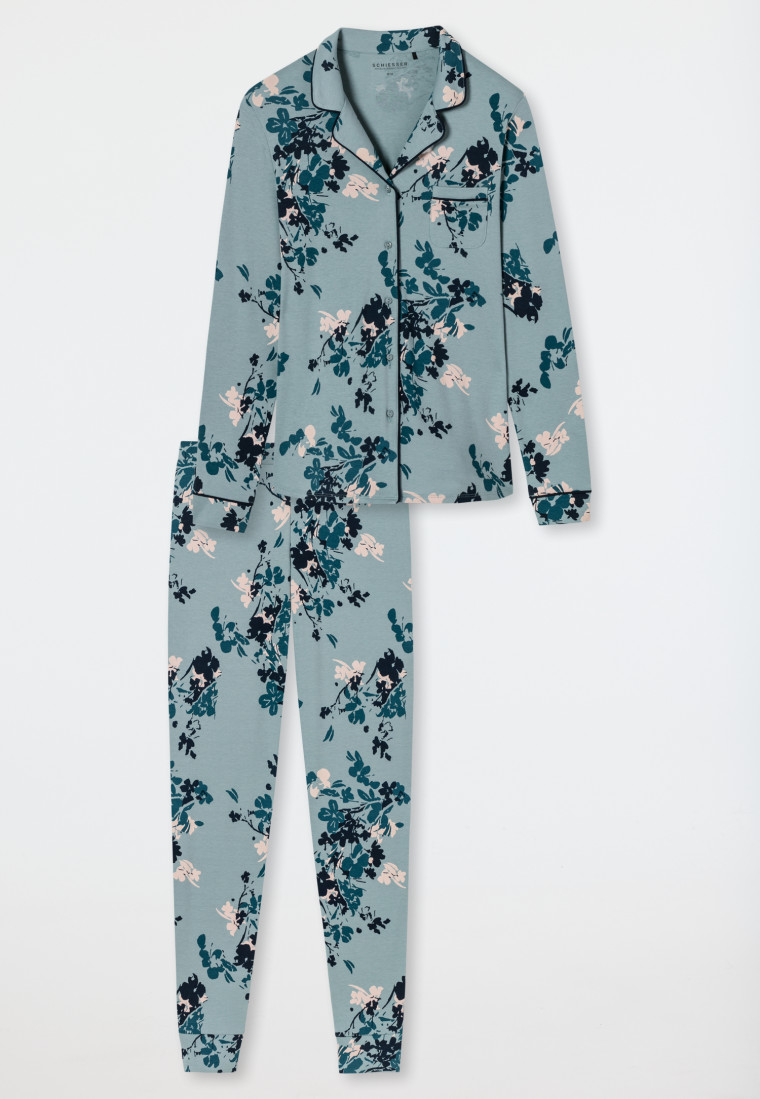Pajamas long interlock lapel collar piping floral print gray-blue - Contemporary Nightwear