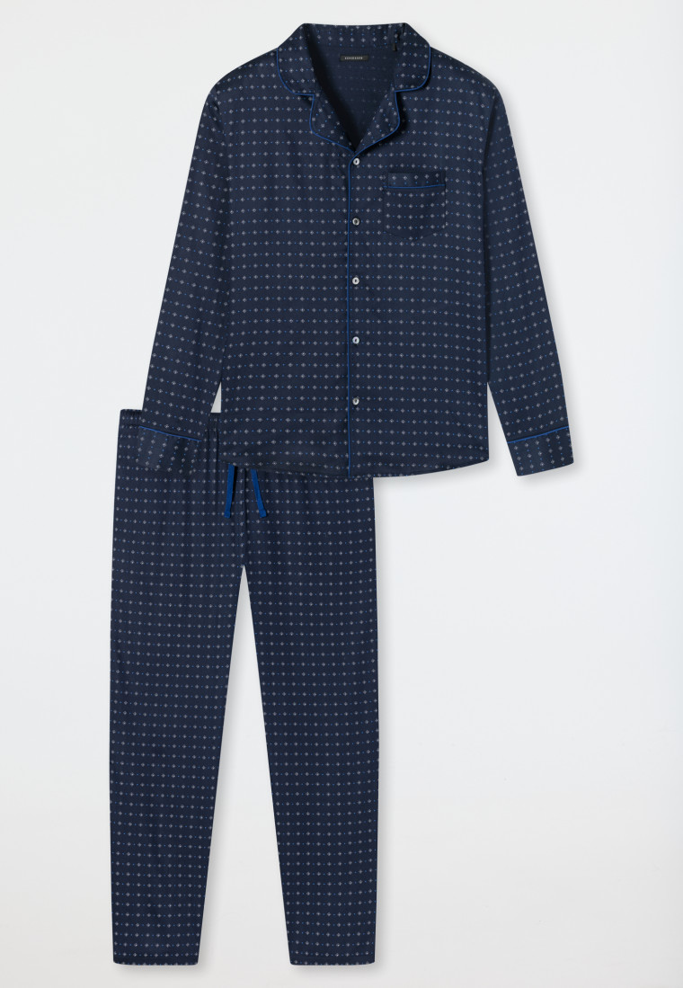 Pyjama lang geweven satijnen knoopsluiting met patroon donkerblauw - selected! premium inspiration