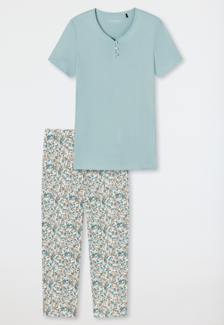 3/4-pyjama interlock V-hals knoopsluiting lichtblauw - Feminine Floral Comfort Fit