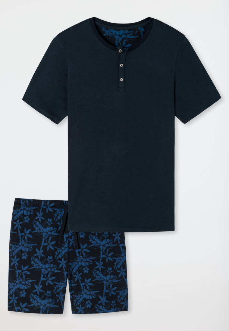 Pyjama court interlock fin patte de boutonnage motifs bleu foncé - Fine Interlock