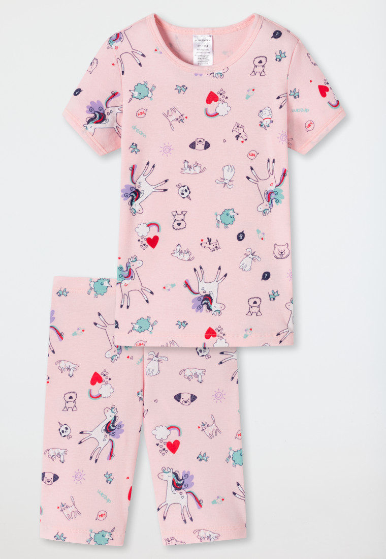 Pyjama, kort, fijne rib, biokatoen, droomdieren, roze - Girls World