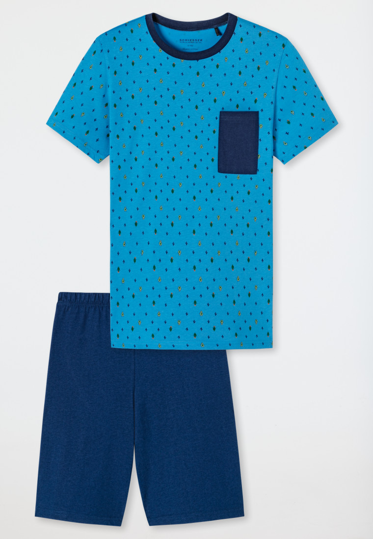 Short pajamas organic cotton breast pocket aqua - Siesta Digital