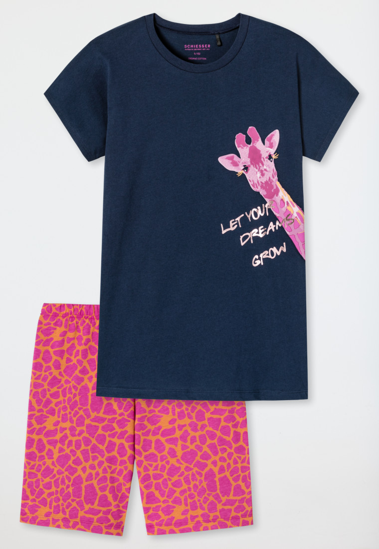 Pyjama court coton biologique girafe bleu foncé - Prickly Love