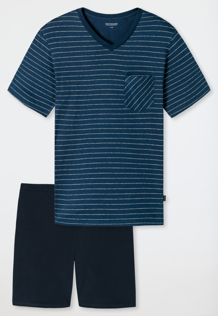 Short pajamas organic cotton V-neck stripes blue / dark blue - Fashion Nightwear