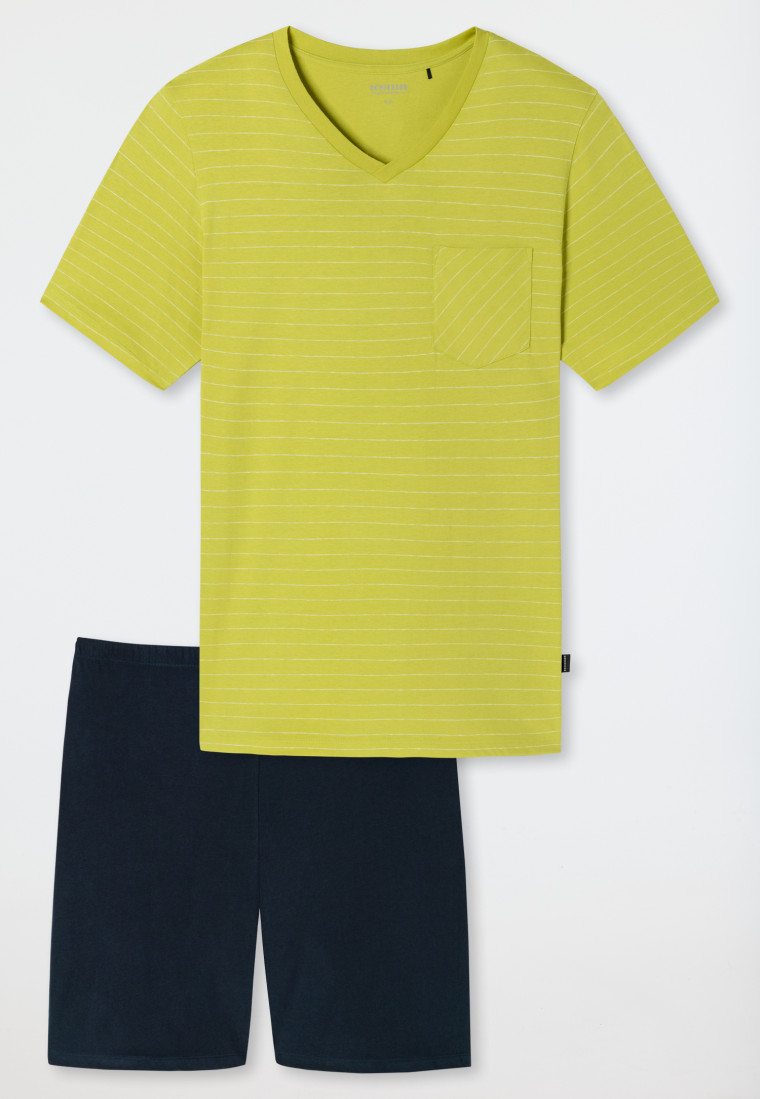 Short pajamas organic cotton V-neck block stripes lime / dark blue - Fashion Nightwear