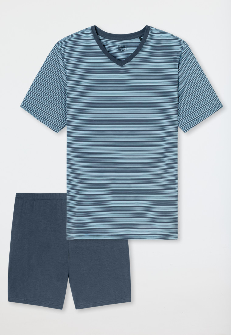 Schlafanzug kurz Ringel V-Ausschnitt jeansblau - Long Life Soft