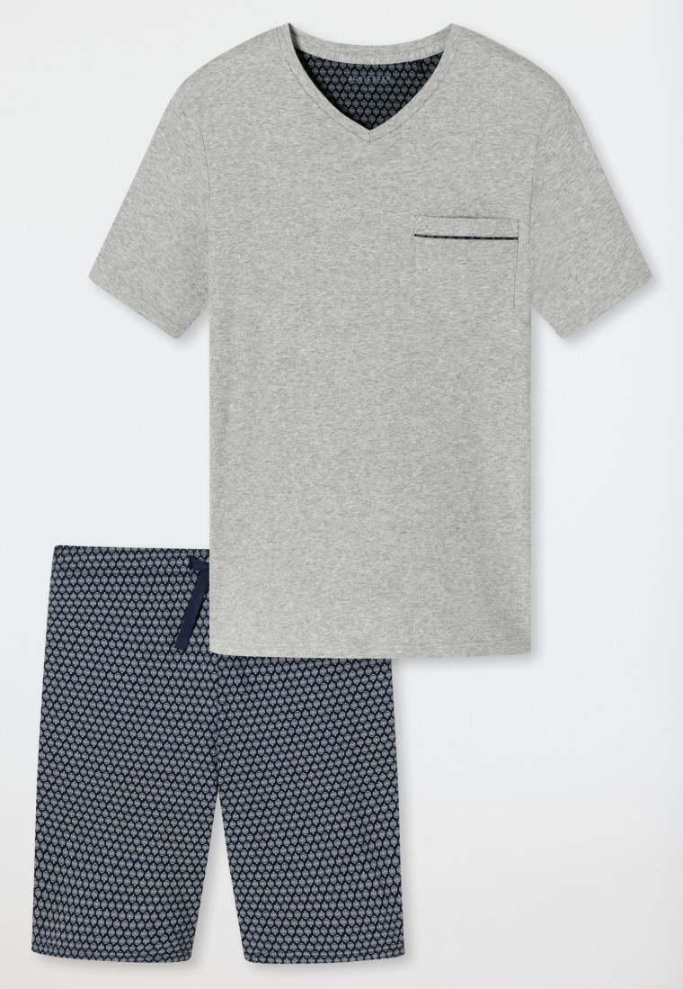 Pyjama, kort, V-hals, patroon, grijs gemêleerd/donkerblauw - Fine Interlock