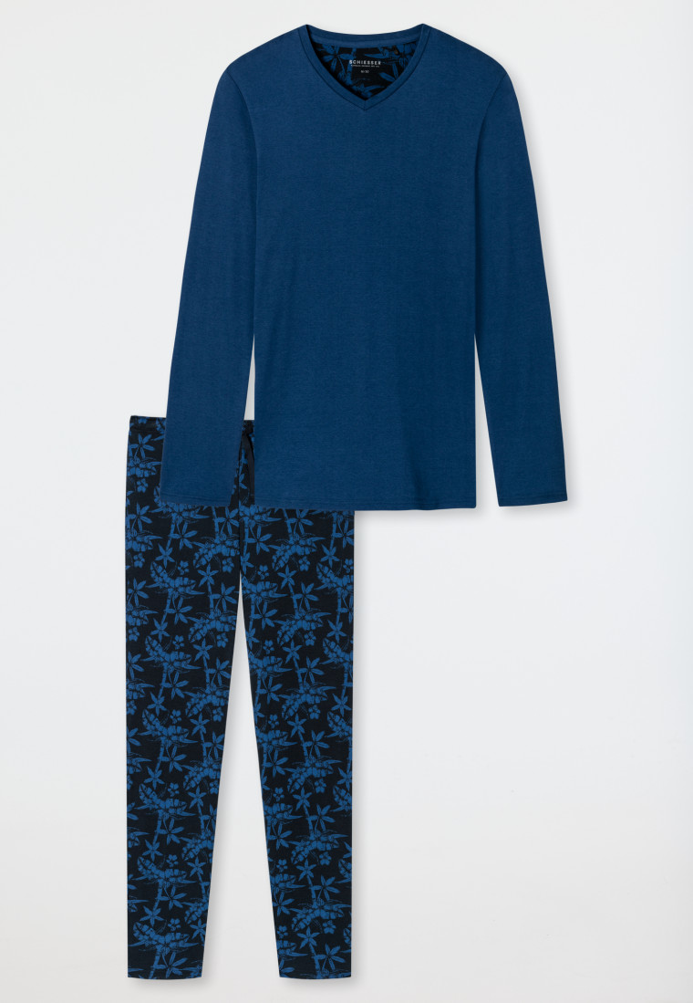 Pyjama lang fijn interlock V-hals patroon blauw/donkerblauw - Fine Interlock