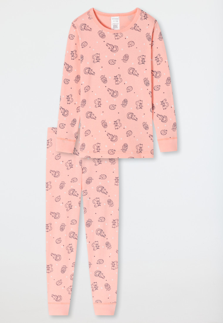 Long pajamas fine rib organic cotton cuffs forest animals stars peach - Natural Love