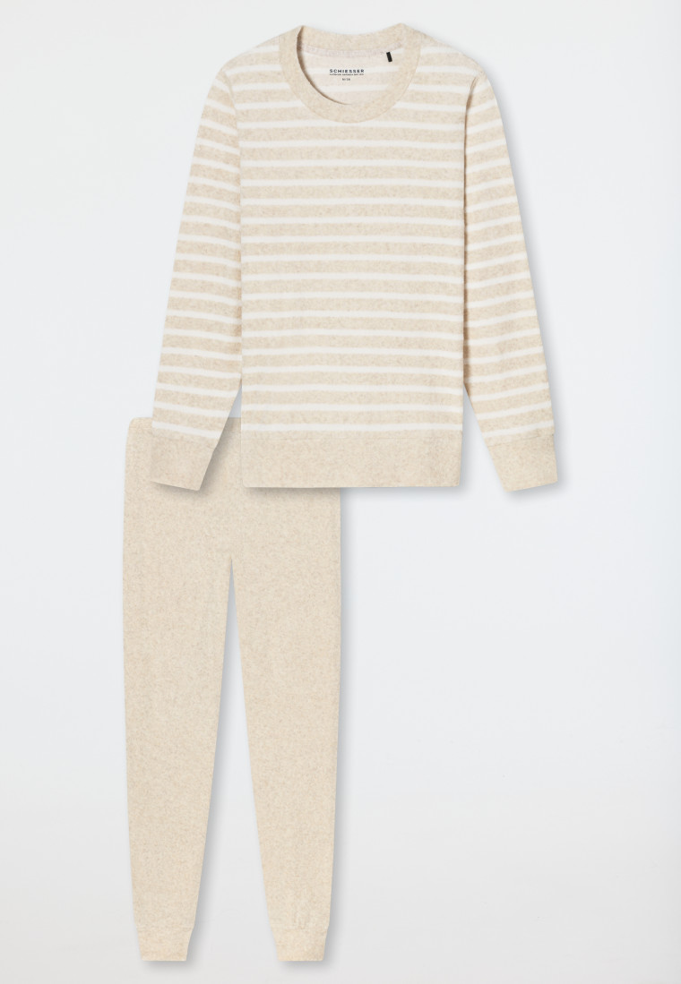 Schlafanzug lang Frottee Bündchen Bretonstreifen natur-meliert - Essential Stripes