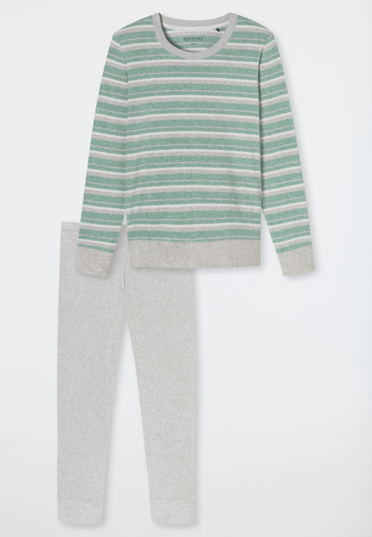 Schlafanzug lang Frottee Bündchen Ringel grün-meliert - Casual Essentials