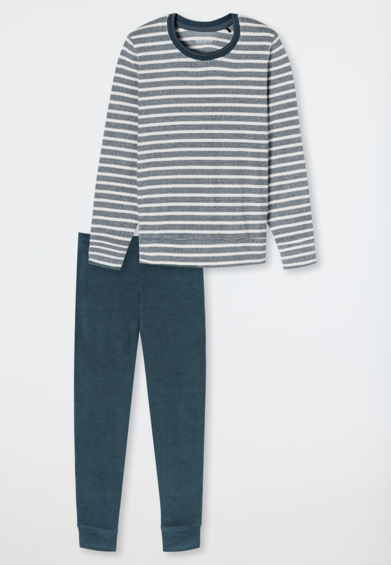 Schlafanzug lang Frottee Bündchen Ringel jeansblau - Casual Essentials