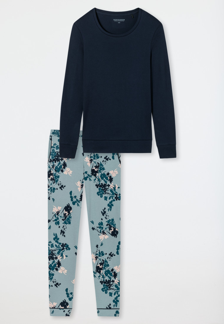Pyjama long interlock bords-côtes imprimé fleuri bleu-gris - Contemporary Nightwear