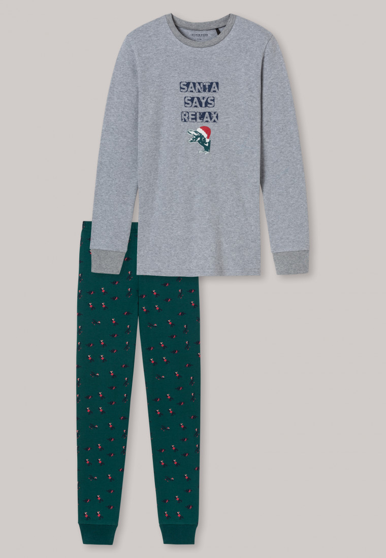 Long pajamas interlock organic cotton cuffs dinosaur heather gray - Winter Escape