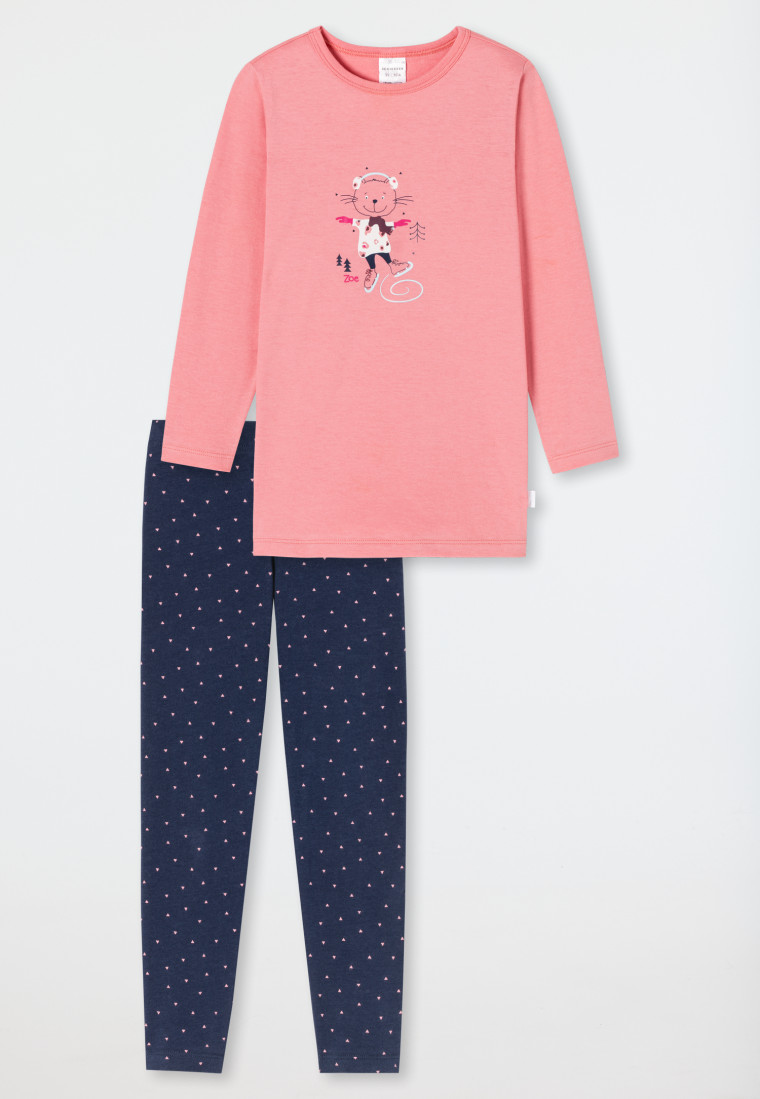 Pyjama long interlock coton bio chat patins à glace triangles vieux rose - Cat Zoe