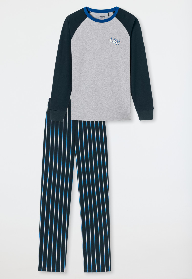 Schlafanzug lang Interlock Organic Cotton Streifen L8R grau-meliert - Feeling@Home