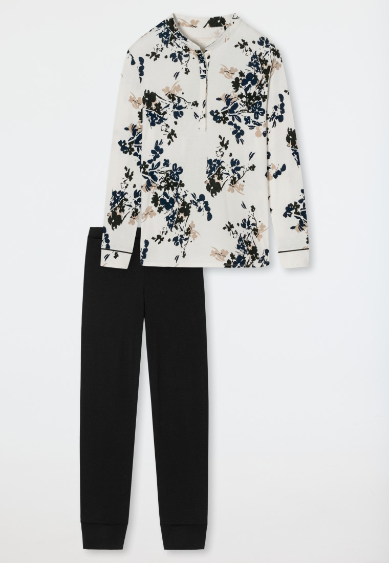 Schlafanzug lang Interlock Stehkragen Knopfleiste Blumenprint off-white - Contemporary Nightwear