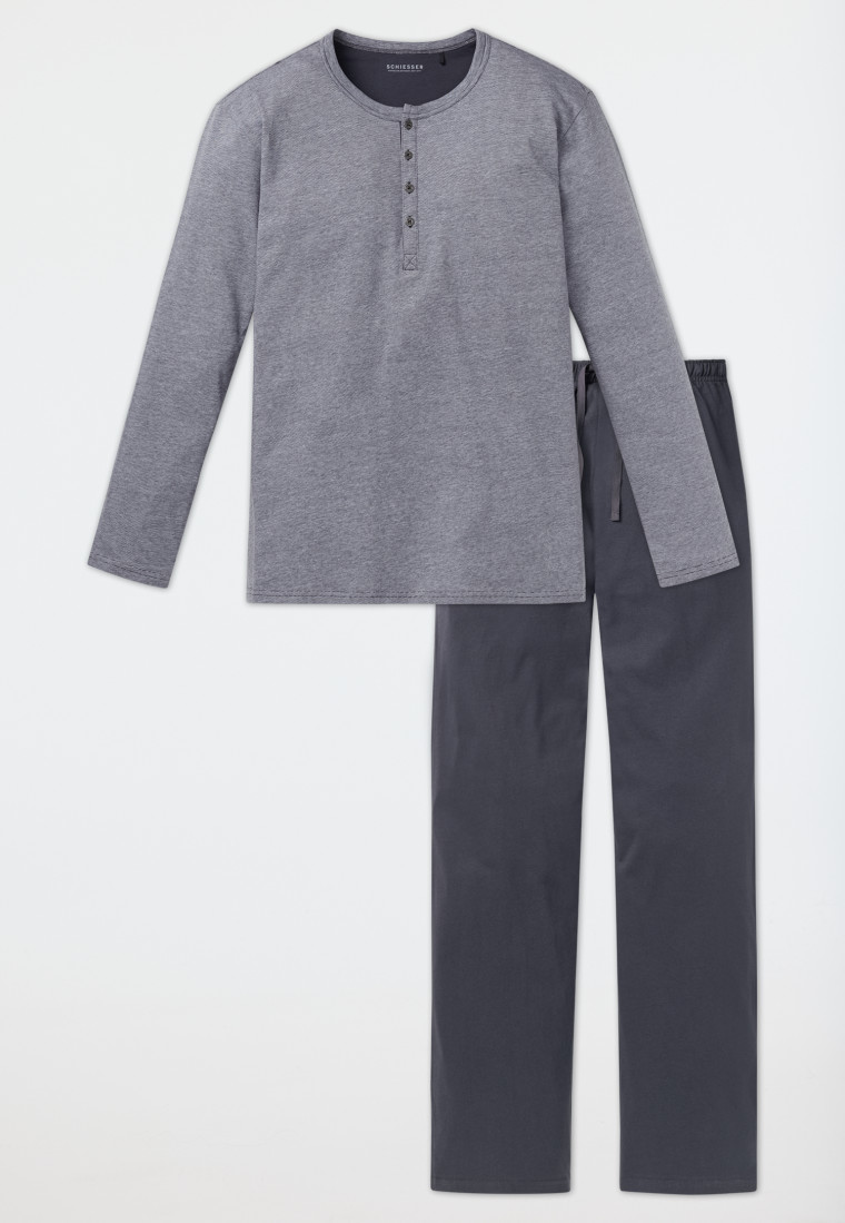 Schlafanzug lang Knopfleiste grau-weiß geringelt - Ebony | SCHIESSER