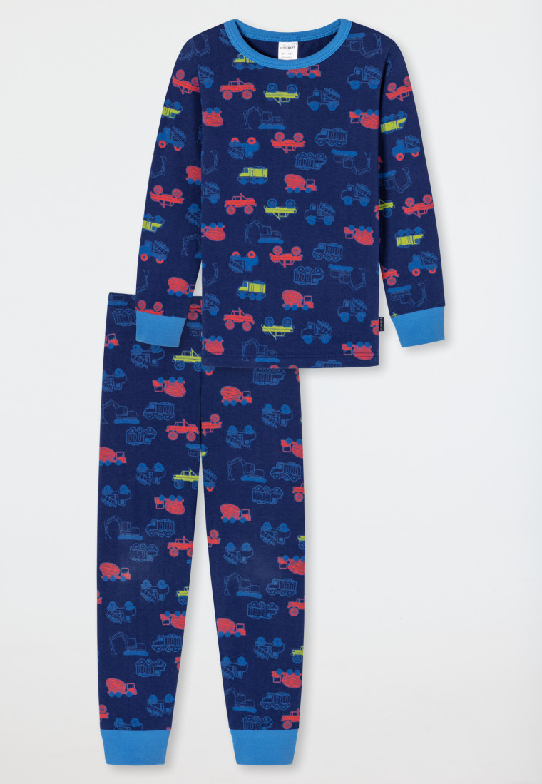 Schlafanzug lang Organic Cotton Bündchen Fahrzeuge dunkelblau - Boys World