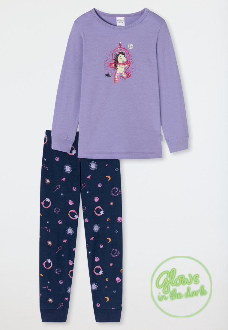 Pajamas long organic cotton cuffs galaxy unicorn glow effect lilac