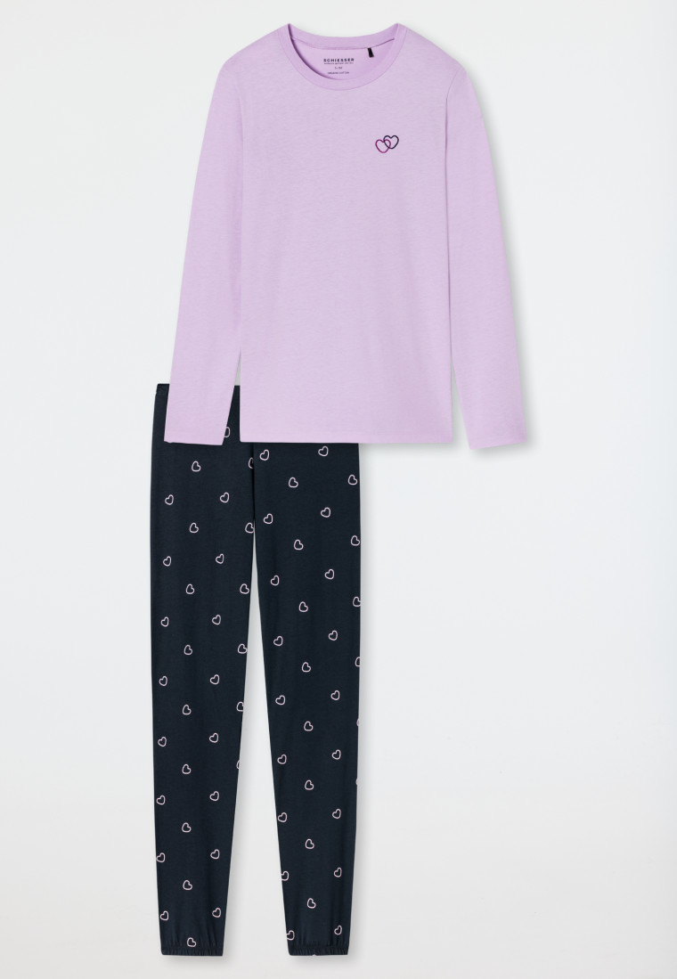 Pajamas long organic cotton cuffs heart lilac - Tomorrows World