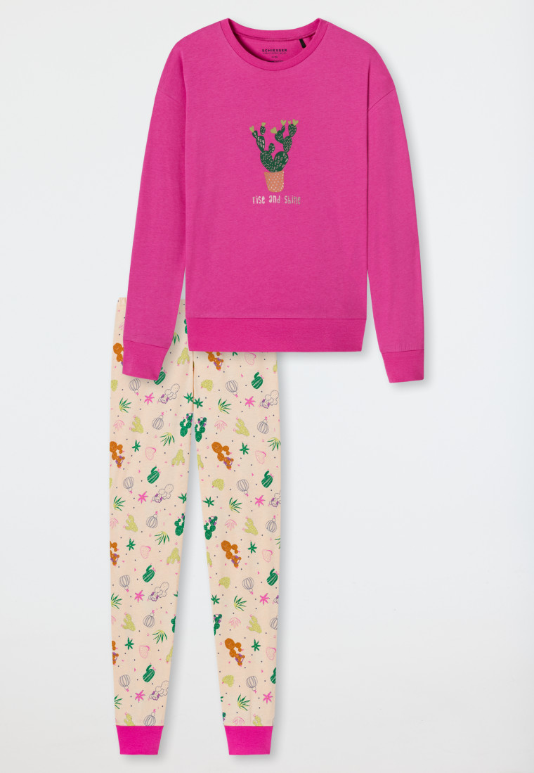 Pyjama long coton biologique bords-côtes rose cactus - Prickly Love