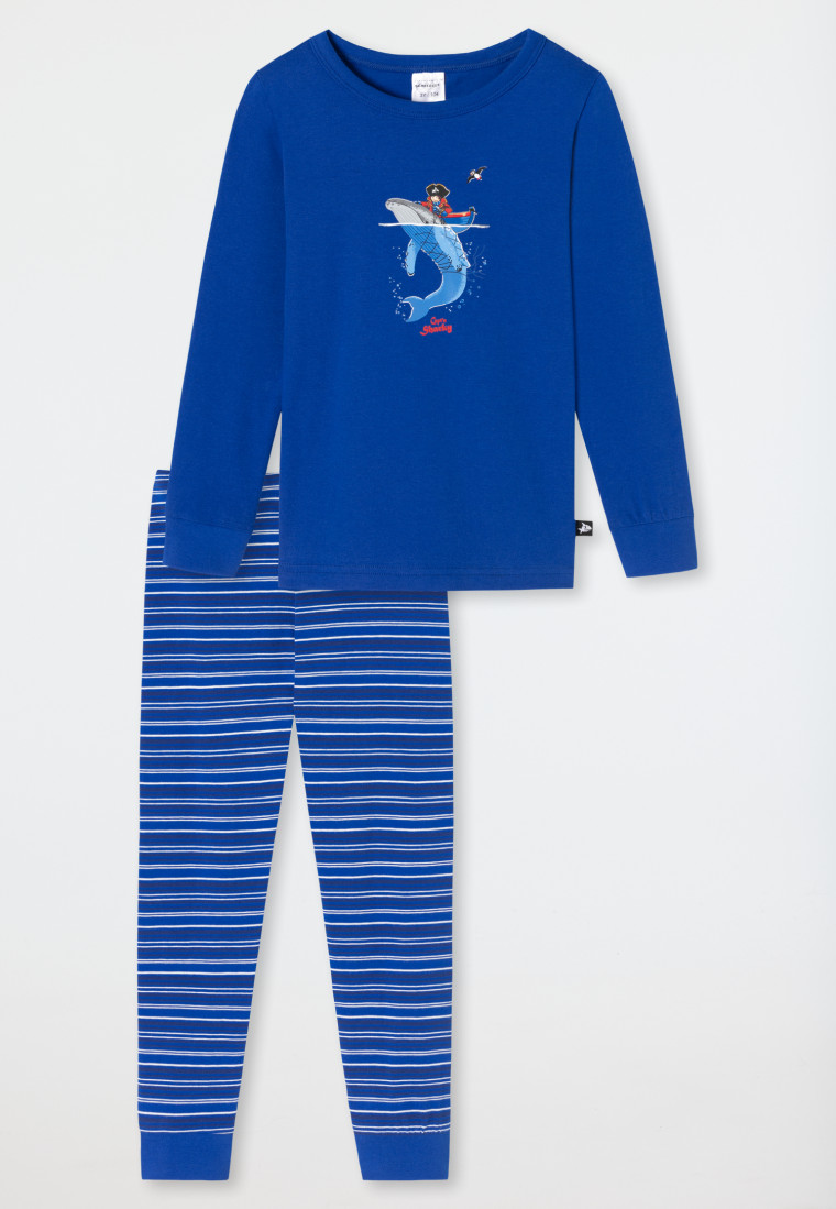 Pyjama long coton bio bords-côtes rayures baleine pirate bleu roi - Capt´n Sharky