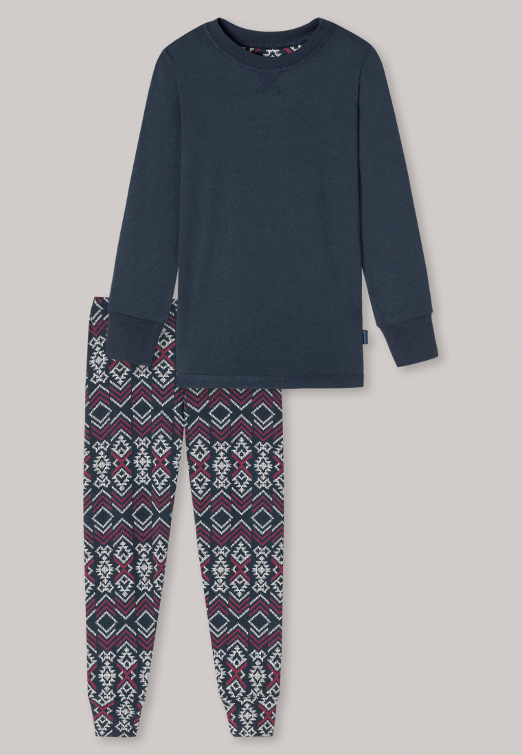 Long pajamas organic cotton cuffs winter blue-black - Family