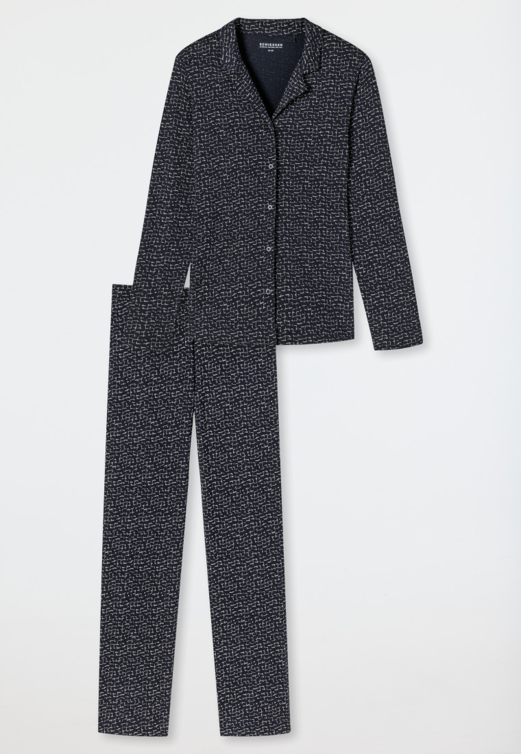 lang Nightwear | Reverskragen Organic Grafikprint Cotton Contemporary SCHIESSER nachtblau - Knopfleiste Schlafanzug