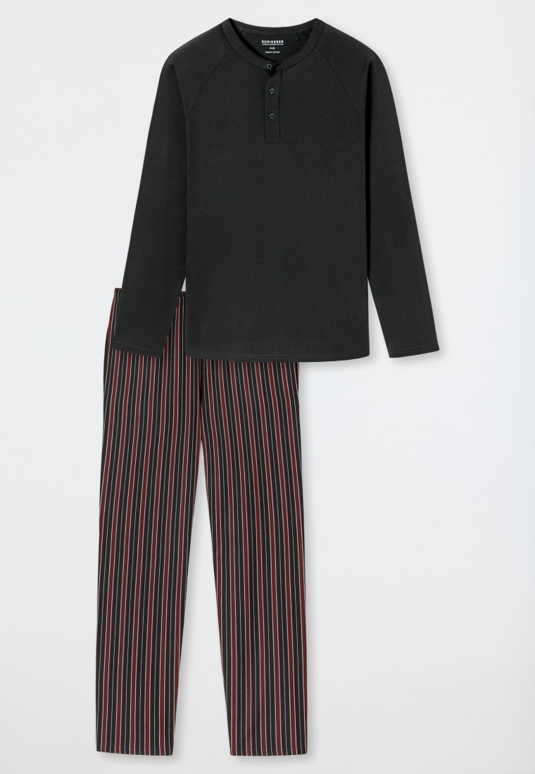 selected! premium | SCHIESSER - lang Organic Streifen Cotton anthrazit Knopfleiste Schlafanzug