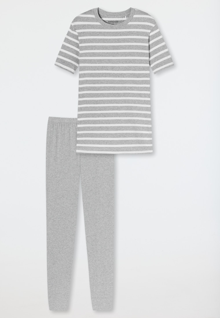 Schlafanzug lang T-Shirt Leggings Streifen grau-meliert - Casual Essentials  | SCHIESSER