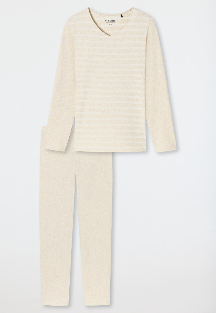 Schlafanzug lang V-Ausschnitt Bretonstreifen natur-meliert - Essential Stripes