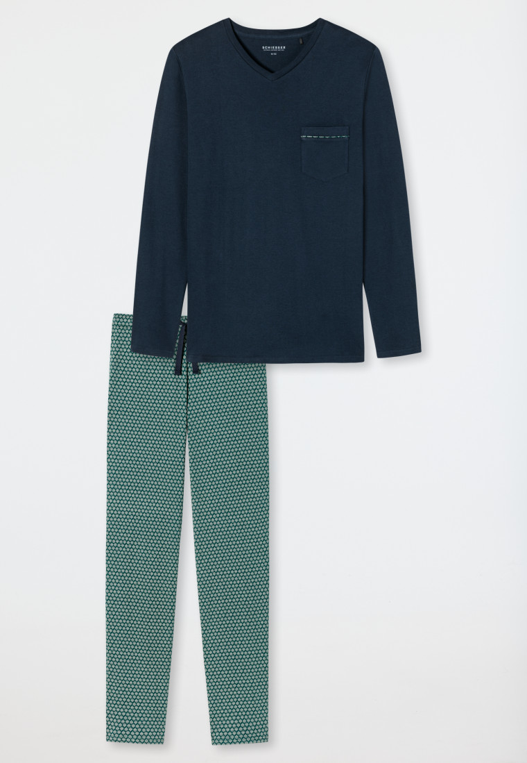 Pyjama long encolure en V à motifs bleu foncé/vert - Fine Interlock