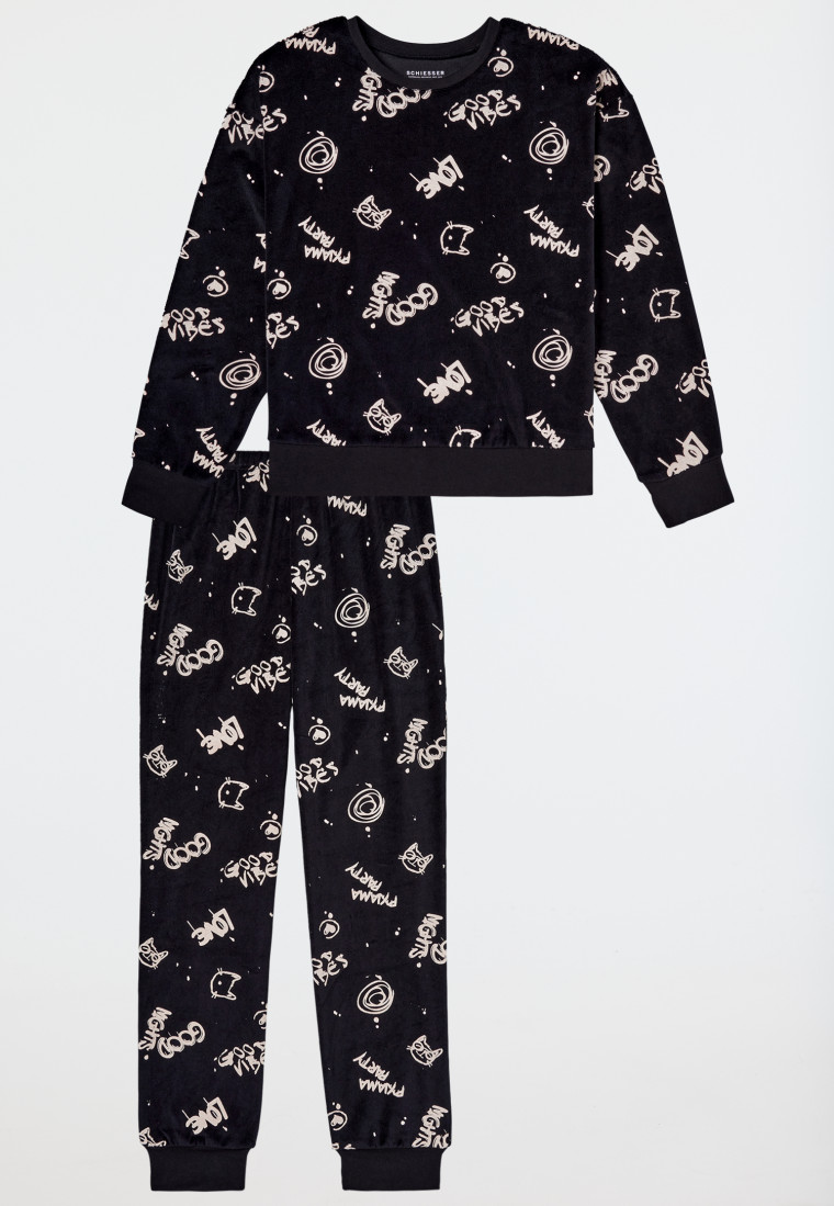 Schlafanzug lang Velour Graffiti schwarz - Nightwear