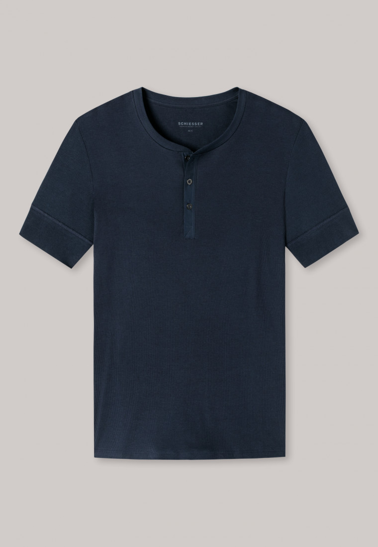 Shirt kurzarm Doppelripp Organic Cotton Knopfleiste dunkelblau - Retro Rib