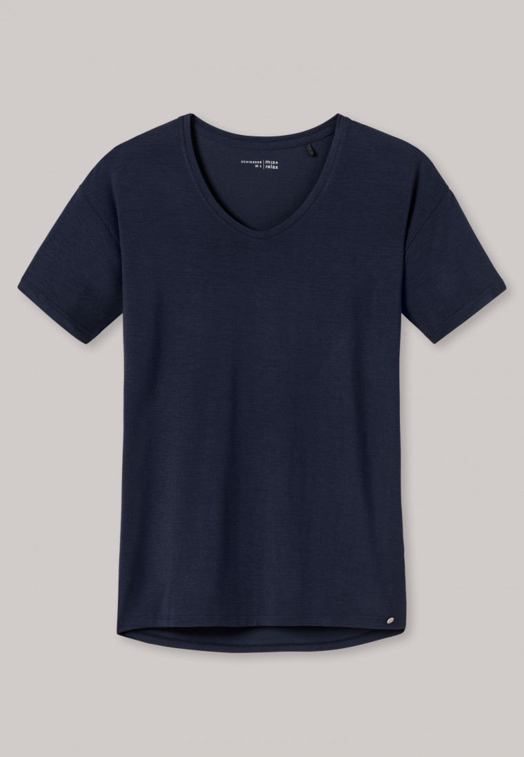 Tee-shirt à manches courtes en modal, encolure en V bleu nuit - Mix+Relax