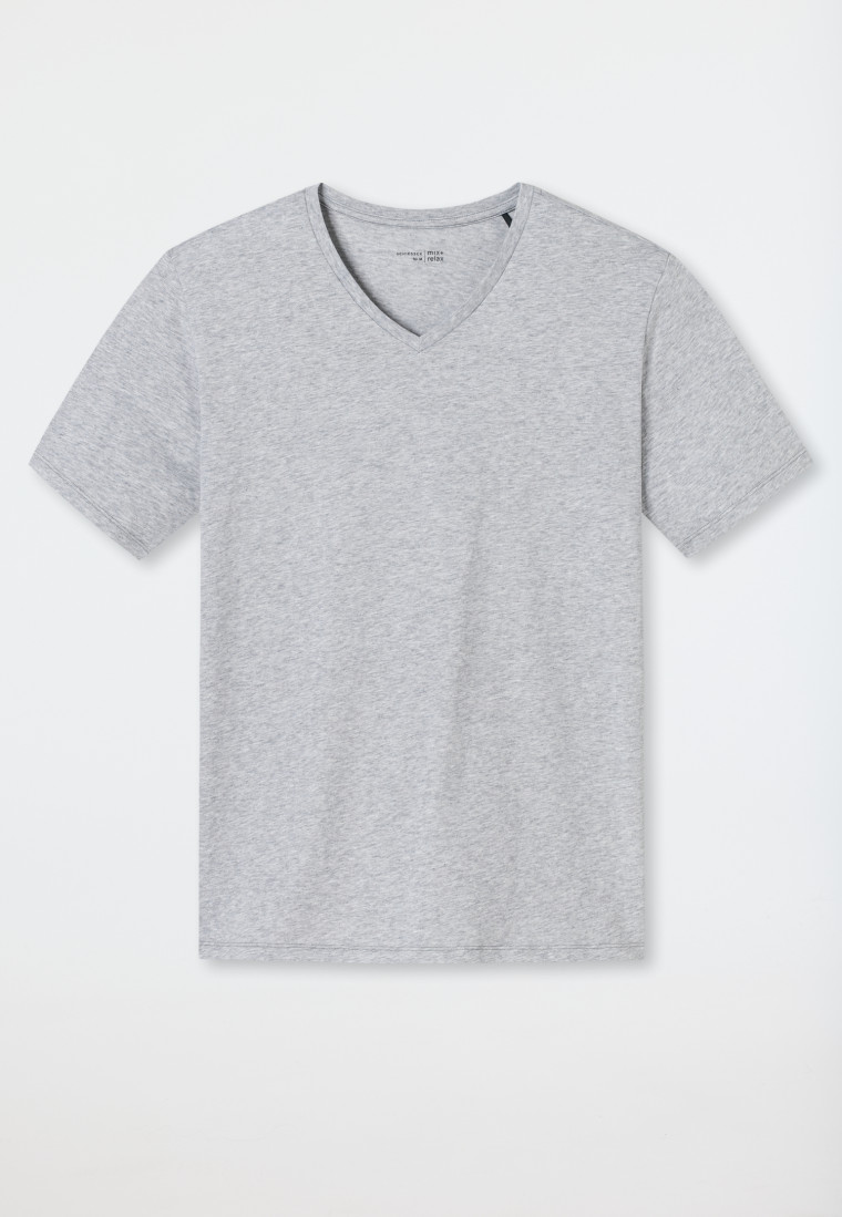 T-shirt, manches courtes, gris chiné, col en V - Mix+Relax