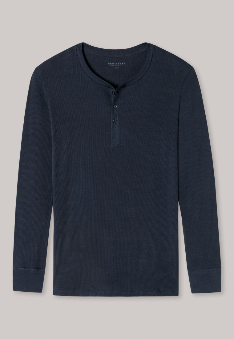 T-shirt manches longues double côte coton bio patte de boutonnage bleu foncé - Retro Rib