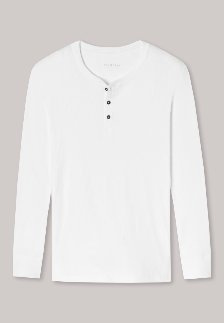 Shirt long-sleeved double rib organic cotton button placket white - Retro Rib