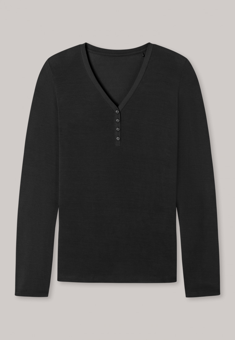 Shirt long-sleeved modal V-neck button placket black - Mix & Relax
