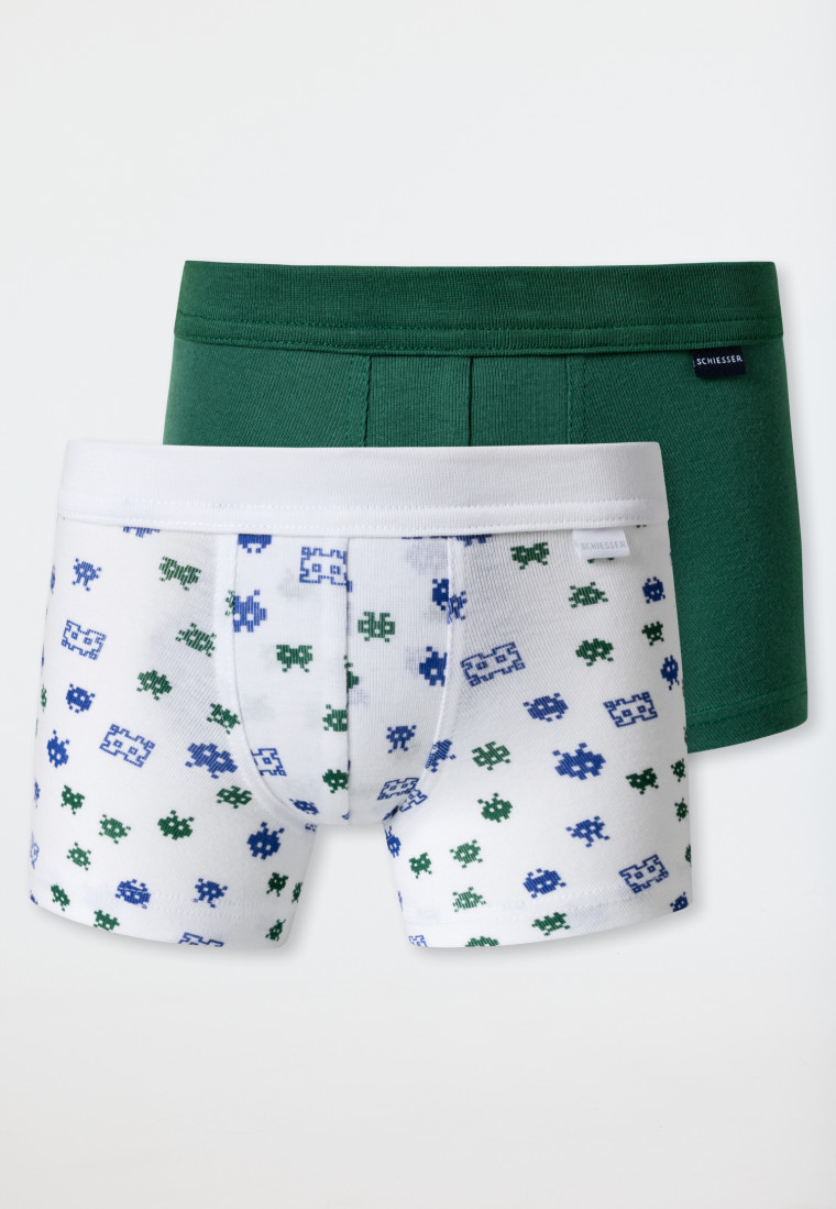 Shorts 2-pack fijnrib biologisch katoen zachte tailleband gaming pixel wit/groen - Boys World