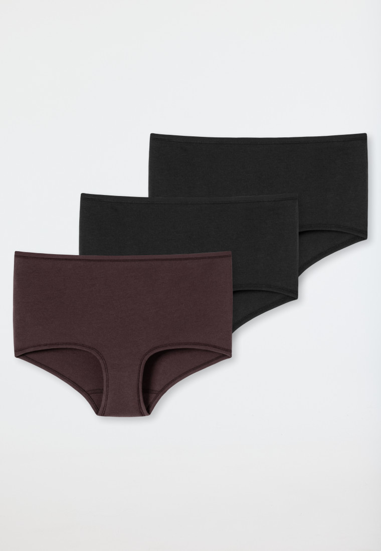 Shorts da donna in cotone biologico in confezione tripla, colore nero/rosso-bruno
