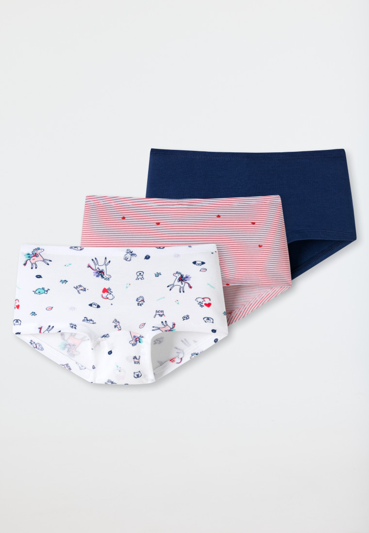 Confezione da 3 pantaloncini in cotone biologico con morbido girovita, incantevoli animali, a righe, cuori, multicolore - Girls World