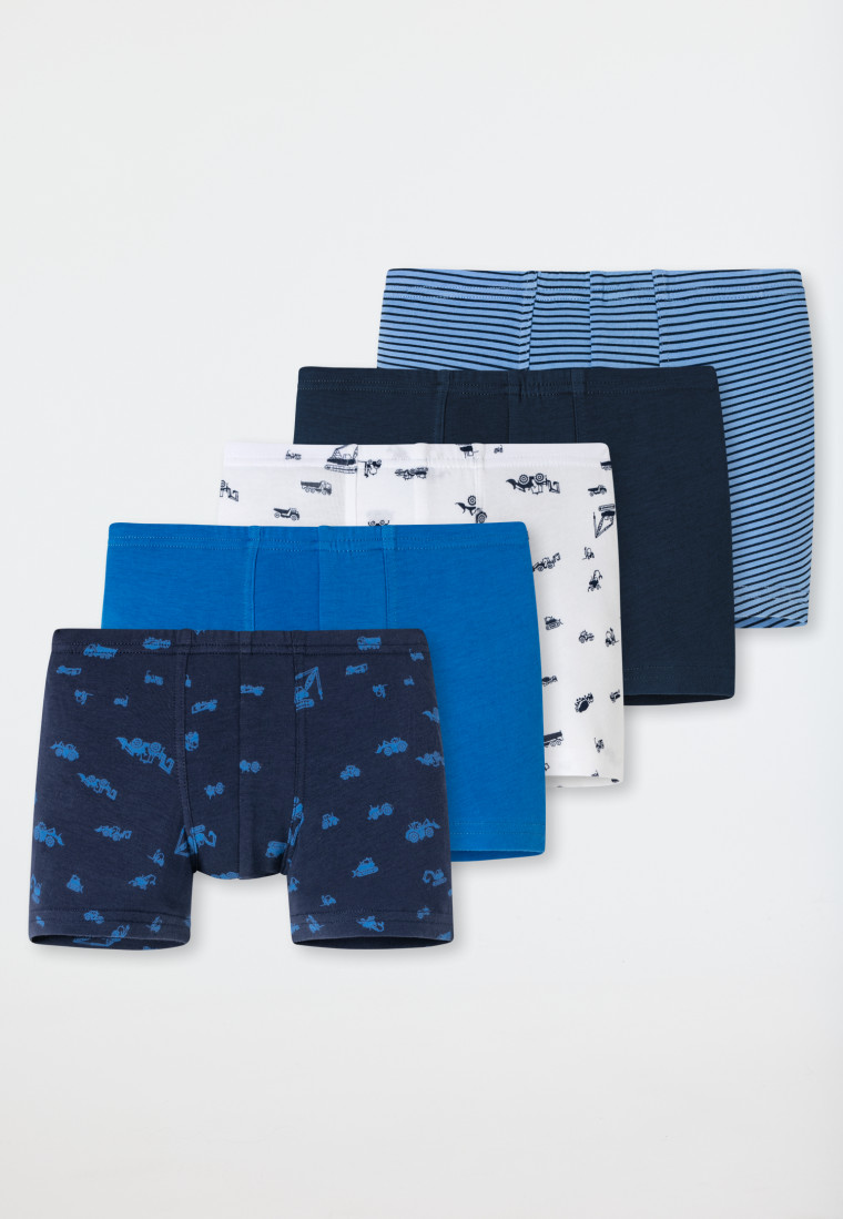 Pantaloncini in confezione da 5 pezzi in cotone biologico con cintura morbida, motivo a righe di colore blu/bianco e stampa con scavatrici - 95/5