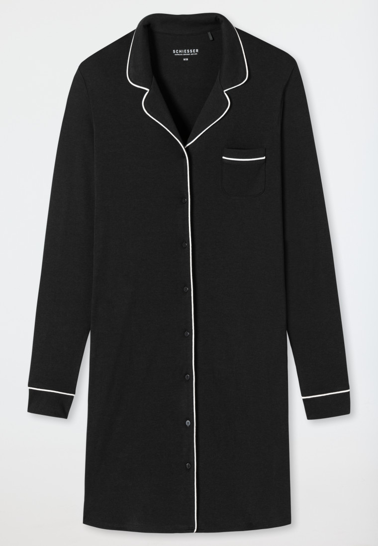 Sleepshirt lange mouwen interlock knoopsluiting bies zwart - Contemporary Nightwear